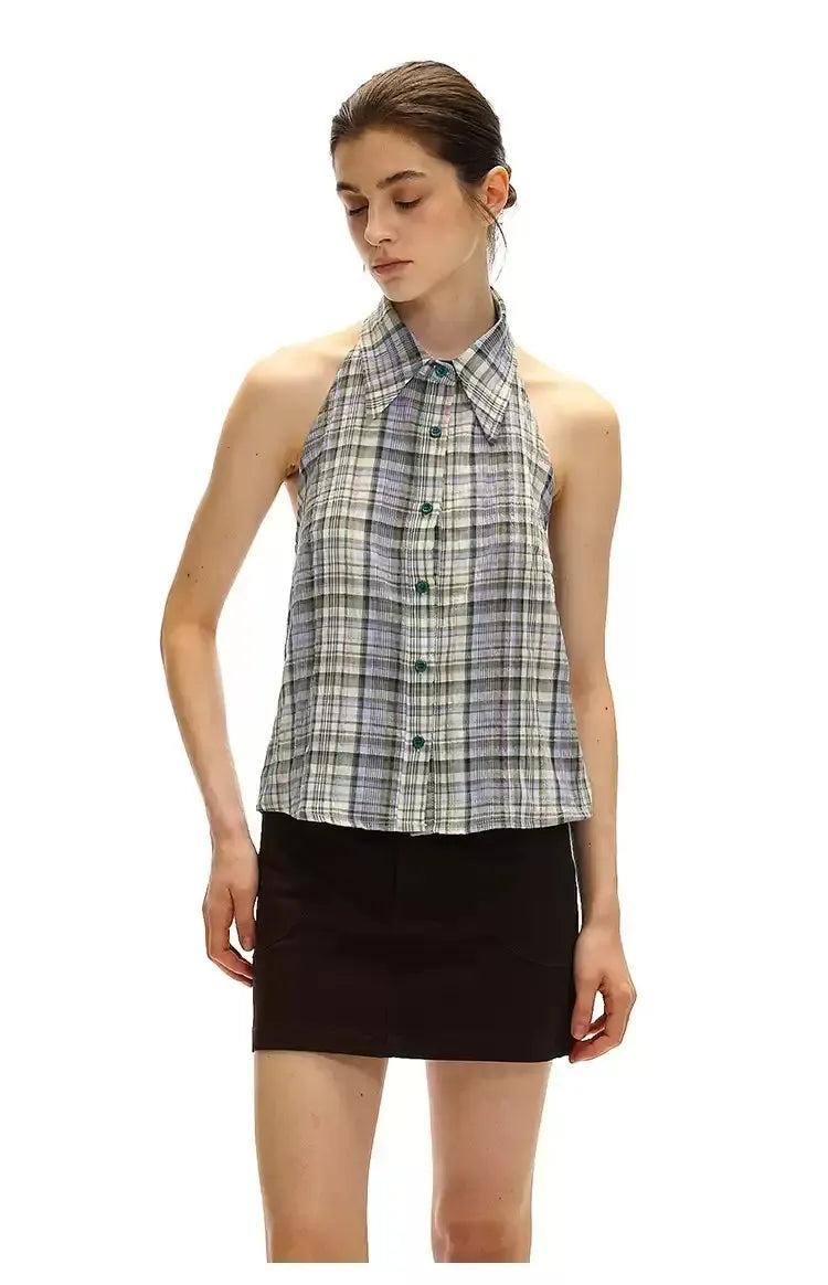 Plaid Halter Neck Blouse Korean Street Fashion Vest By Country Moment Shop Online at OH Vault