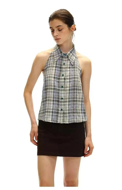 Plaid Halter Neck Blouse Korean Street Fashion Vest By Country Moment Shop Online at OH Vault