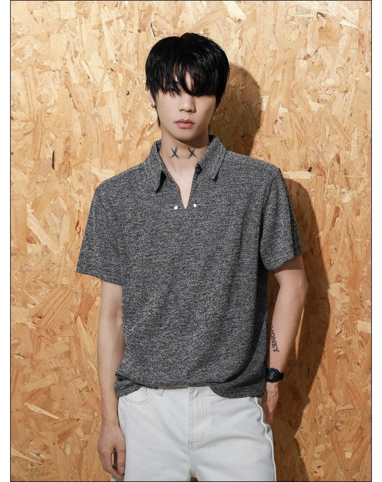 Textured V-Neck Polo Korean Street Fashion Polo By Mr Nearly Shop Online at OH Vault