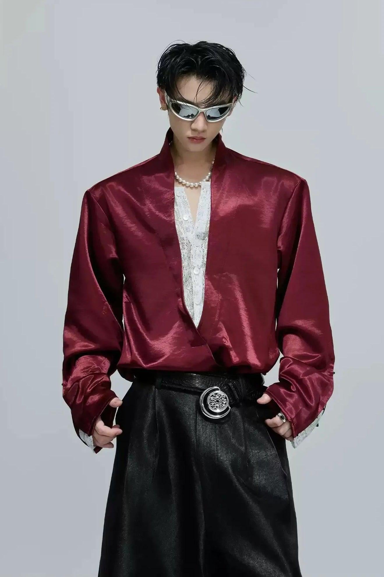 Lace Layered Deep V-Neck Silky Shirt Korean Street Fashion Shirt By Argue Culture Shop Online at OH Vault