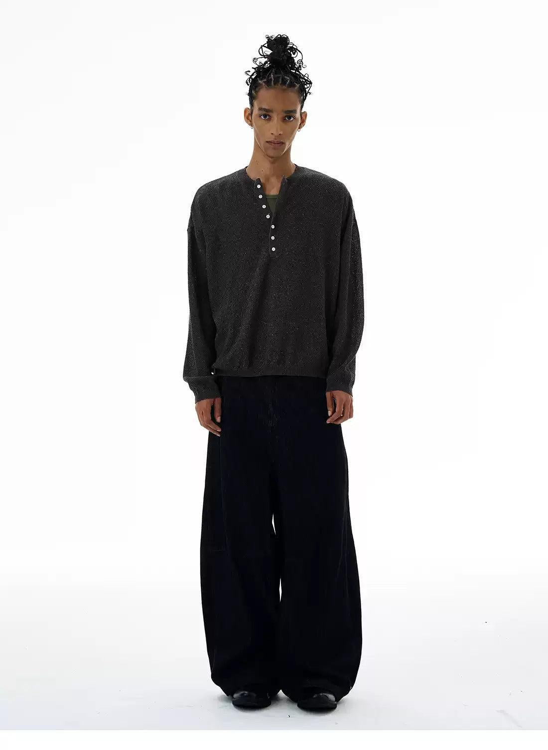 Henley Button Knit Long Sleeve T-Shirt Korean Street Fashion T-Shirt By 77Flight Shop Online at OH Vault