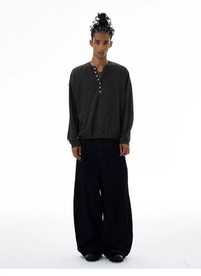 Henley Button Knit Long Sleeve T-Shirt Korean Street Fashion T-Shirt By 77Flight Shop Online at OH Vault