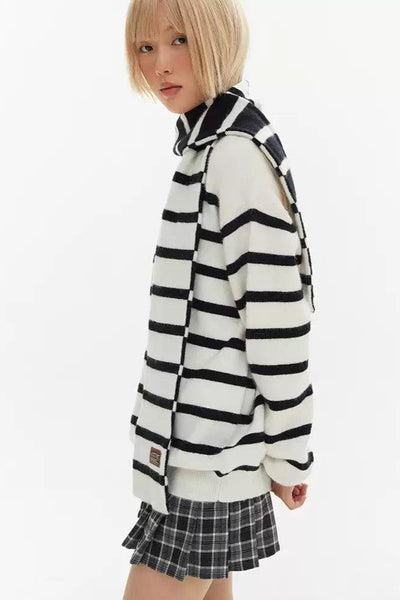 Black and White Stripes Scarf Sweater Korean Street Fashion Sweater By Crying Center Shop Online at OH Vault