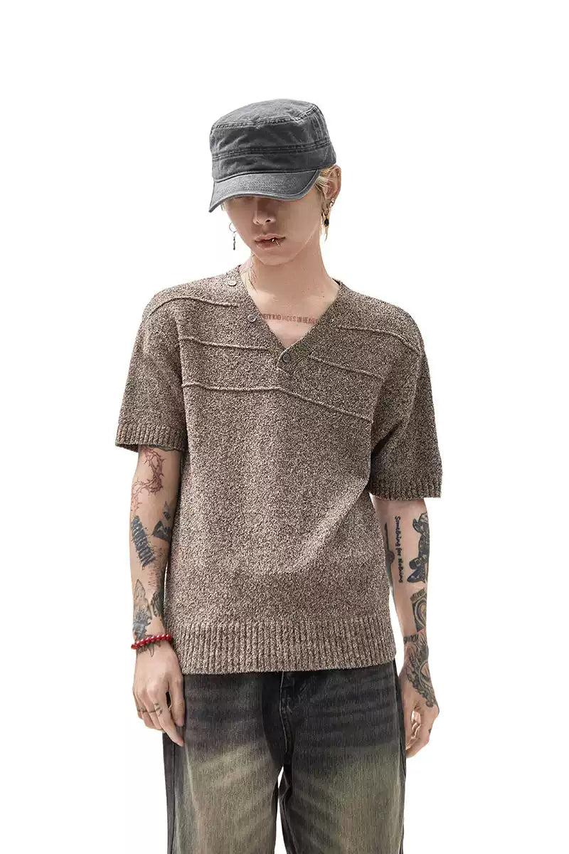 Textured Knit V-Neck T-Shirt Korean Street Fashion T-Shirt By Ash Dark Shop Online at OH Vault