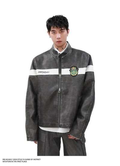 Spliced Badge Detail Moto PU Leather Jacket Korean Street Fashion Jacket By Mr Nearly Shop Online at OH Vault