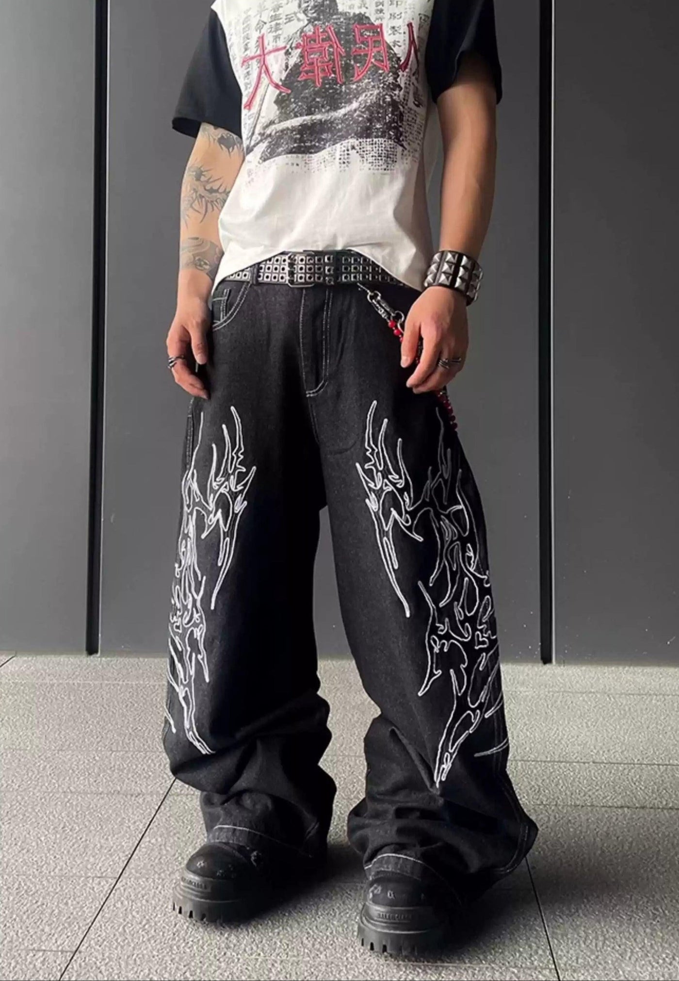 Stitched Fire Outline Grunge Jeans Korean Street Fashion Jeans By Dark Fog Shop Online at OH Vault