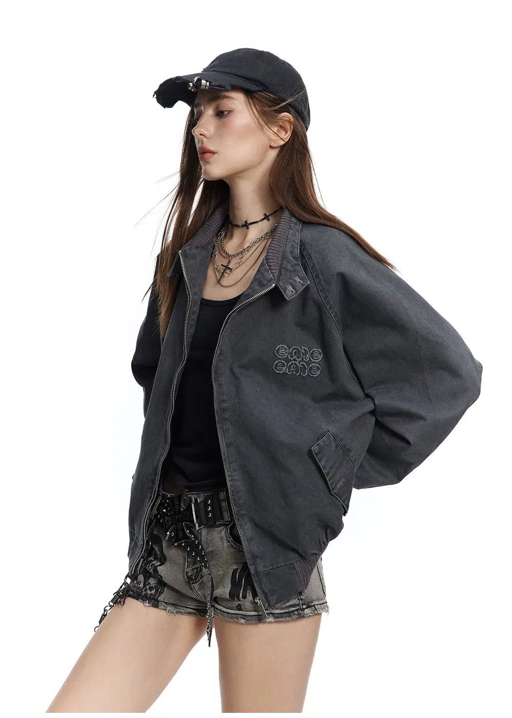 Washed Letter Embroidery Zipped Jacket Korean Street Fashion Jacket By Made Extreme Shop Online at OH Vault