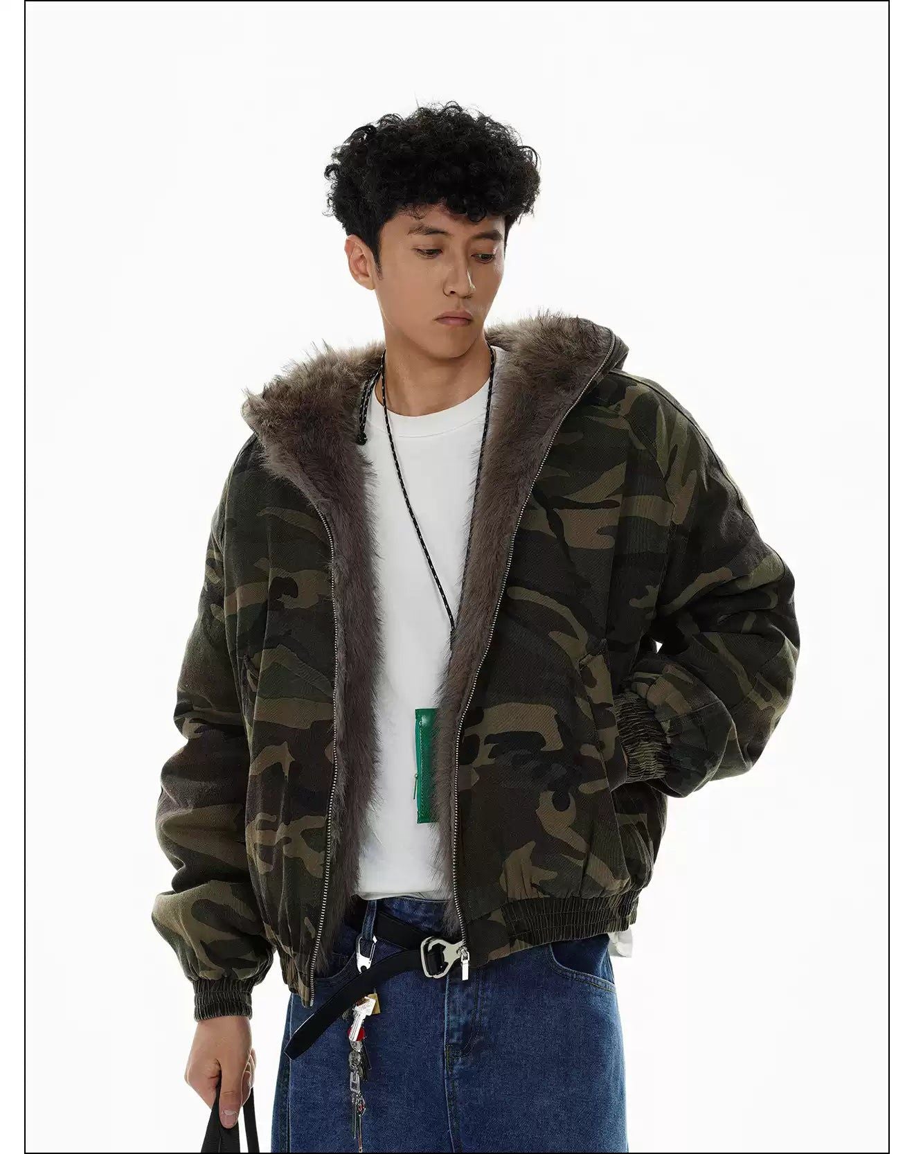 Fur Trimmed Hood Camouflage Jacket Korean Street Fashion Jacket By Mr Nearly Shop Online at OH Vault