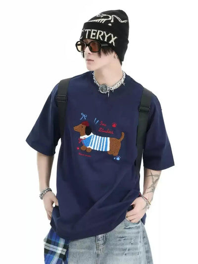 Dachshund Towel Embroidery T-Shirt Korean Street Fashion T-Shirt By INS Korea Shop Online at OH Vault