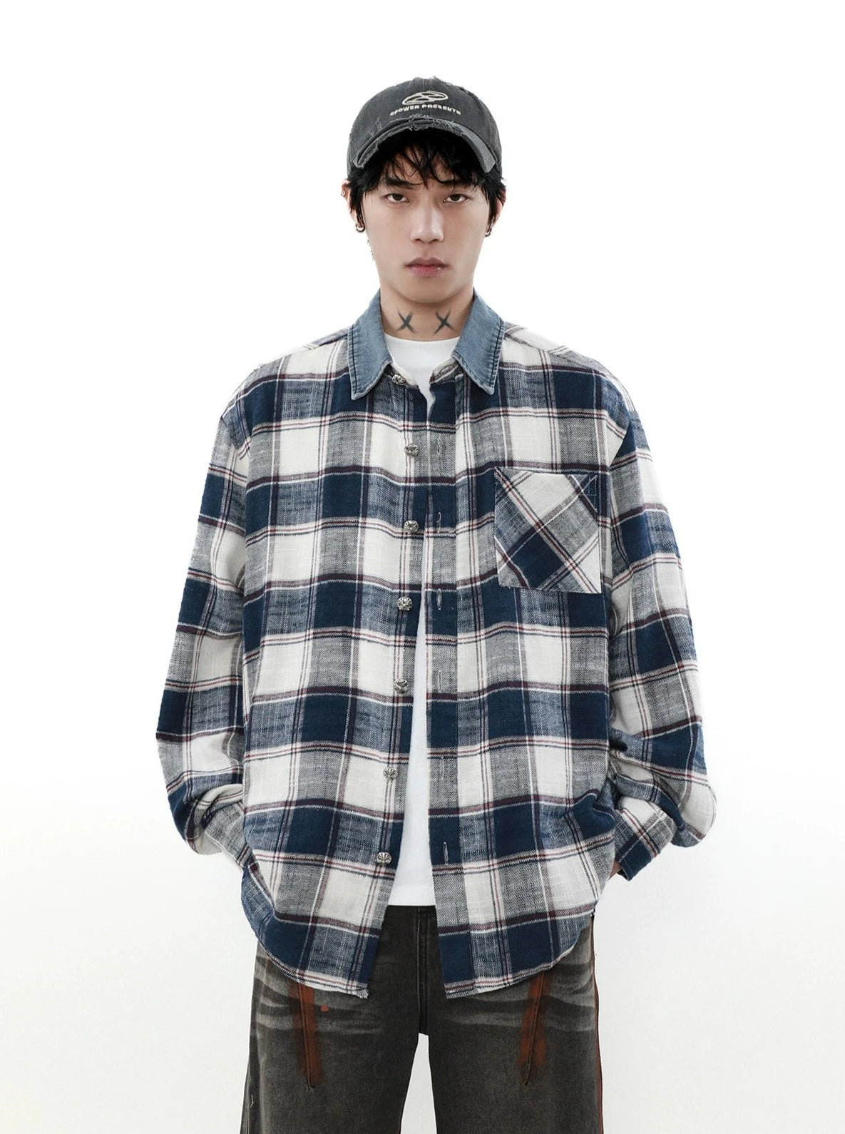 Denim Collar Plaid Shirt Korean Street Fashion Shirt By Mr Nearly Shop Online at OH Vault