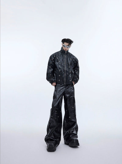 Metallic Rings PU Leather Jacket & Pants Set Korean Street Fashion Clothing Set By Argue Culture Shop Online at OH Vault