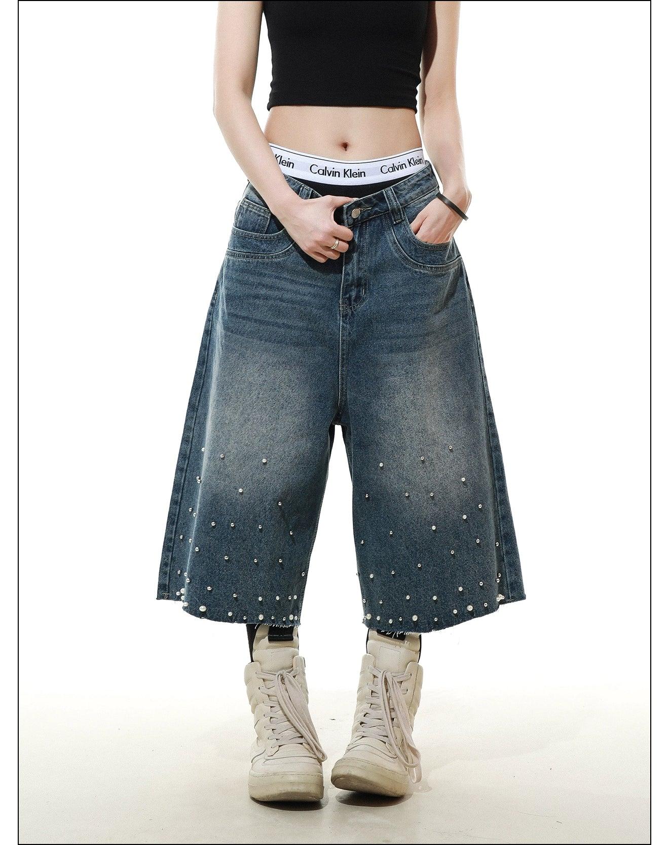 Pearled and Faded Denim Shorts Korean Street Fashion Shorts By Mr Nearly Shop Online at OH Vault