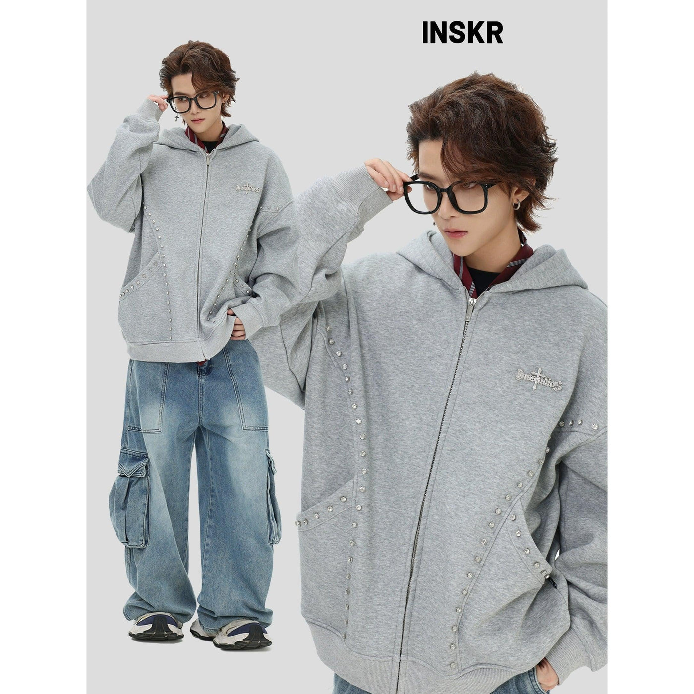 Stoned Line Detail Zipped Hoodie Korean Street Fashion Hoodie By INS Korea Shop Online at OH Vault