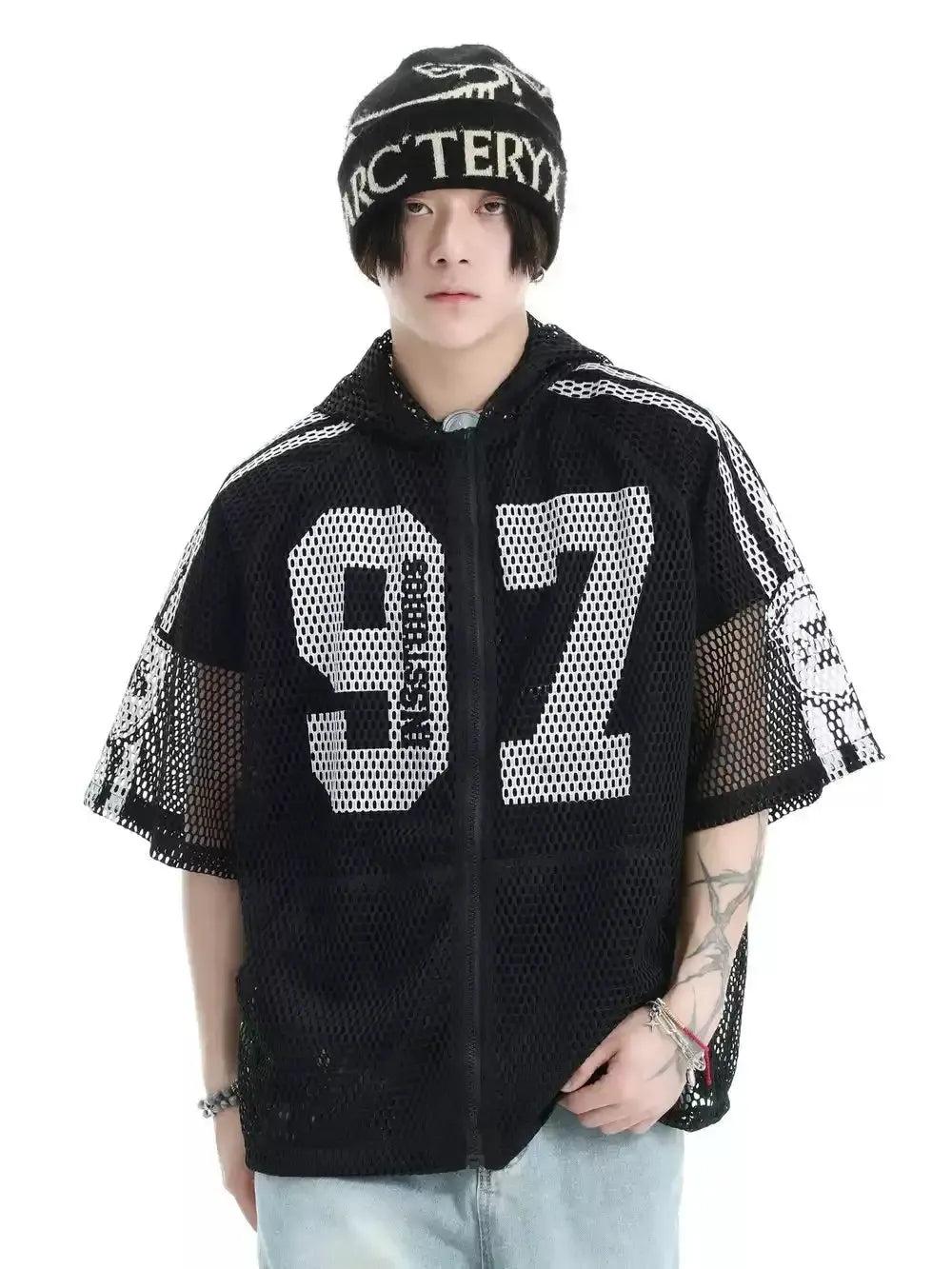 Hollow Mesh Zip Hooded T-Shirt Korean Street Fashion T-Shirt By INS Korea Shop Online at OH Vault