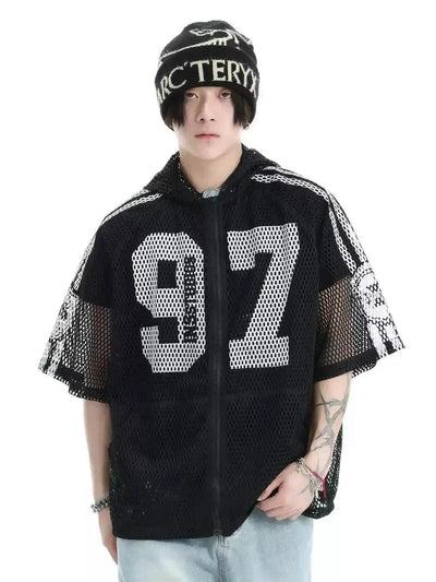 Hollow Mesh Zip Hooded T-Shirt Korean Street Fashion T-Shirt By INS Korea Shop Online at OH Vault