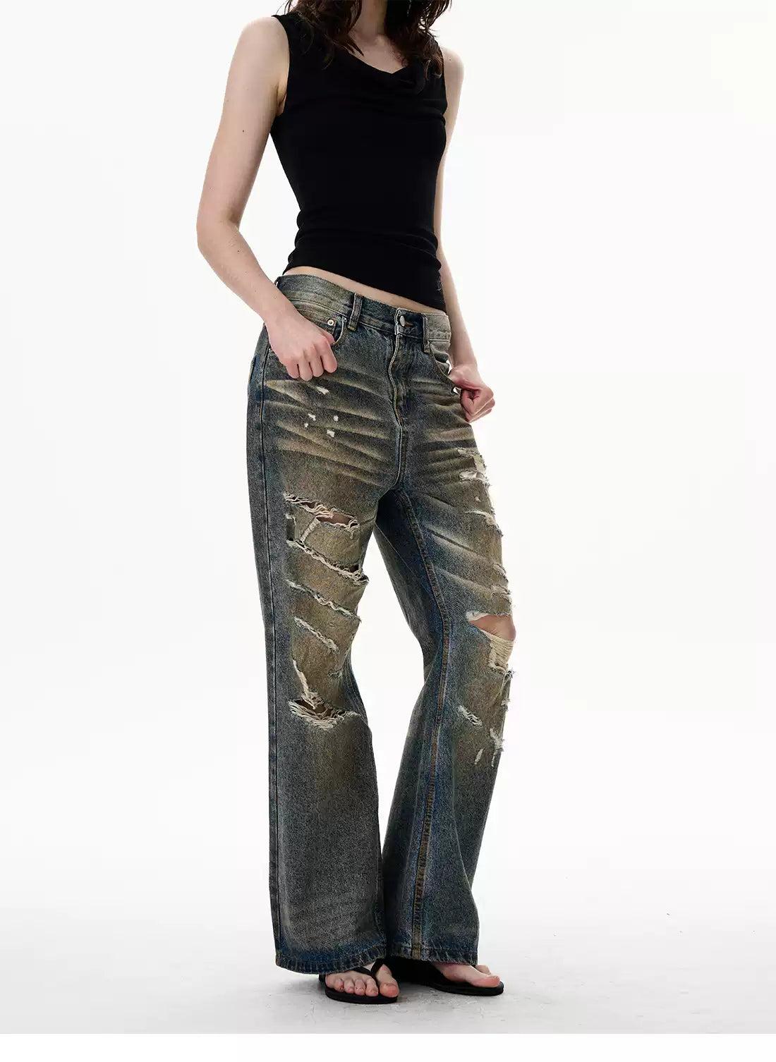 Distressed and Whisker Faded Straight Jeans Korean Street Fashion Jeans By 77Flight Shop Online at OH Vault