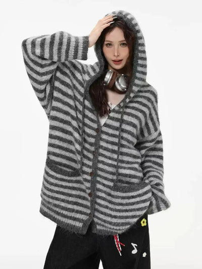 Striped Hooded Buttoned Sweater Korean Street Fashion Sweater By INS Korea Shop Online at OH Vault