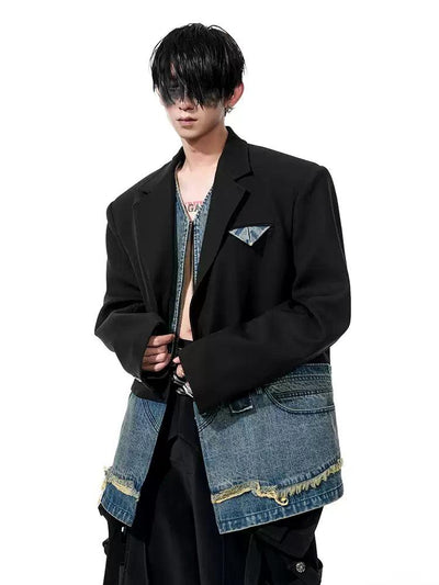 Chic Denim Layered Detail Blazer Korean Street Fashion Blazer By Slim Black Shop Online at OH Vault