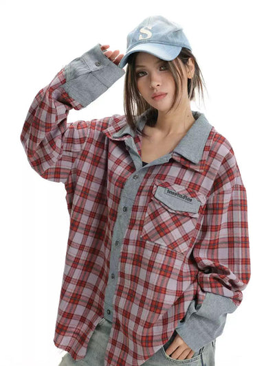 Spliced Blocks Plaid Shirt Korean Street Fashion Shirt By INS Korea Shop Online at OH Vault