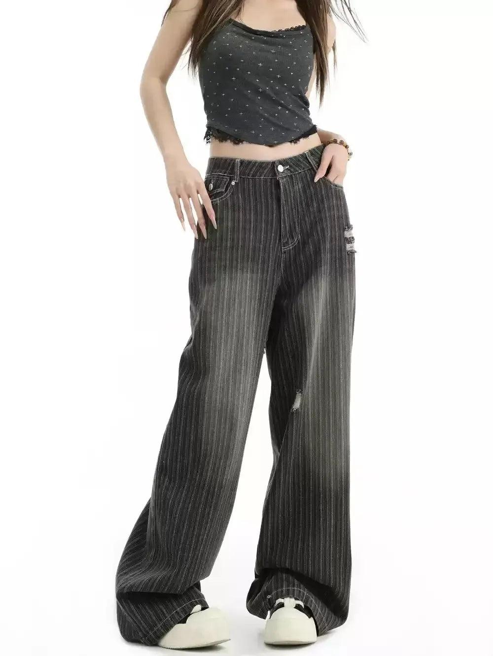 Vertical Stripes Ripped Jeans Korean Street Fashion Jeans By INS Korea Shop Online at OH Vault