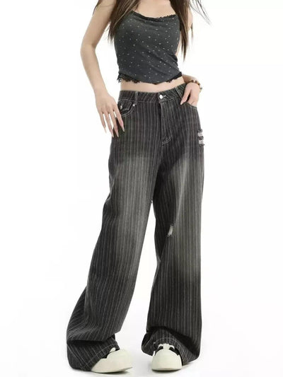 Vertical Stripes Ripped Jeans Korean Street Fashion Jeans By INS Korea Shop Online at OH Vault