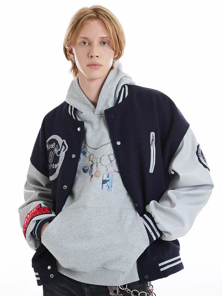 Stitched Logo Detail Varsity Jacket Korean Street Fashion Jacket By Made Extreme Shop Online at OH Vault