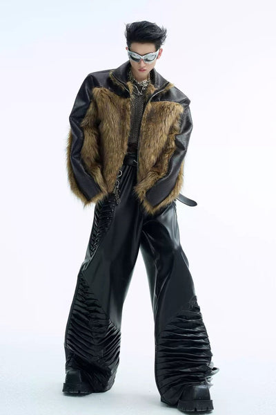 Spliced PU Leather Furry Jacket Korean Street Fashion Jacket By Argue Culture Shop Online at OH Vault