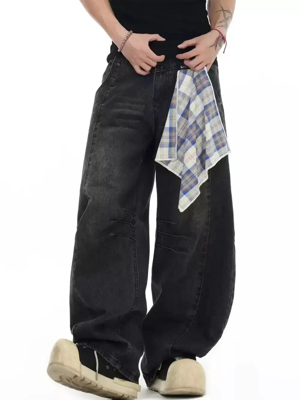 Plaid Handkerchief Detail Washed Scimitar Jeans Korean Street Fashion Jeans By INS Korea Shop Online at OH Vault