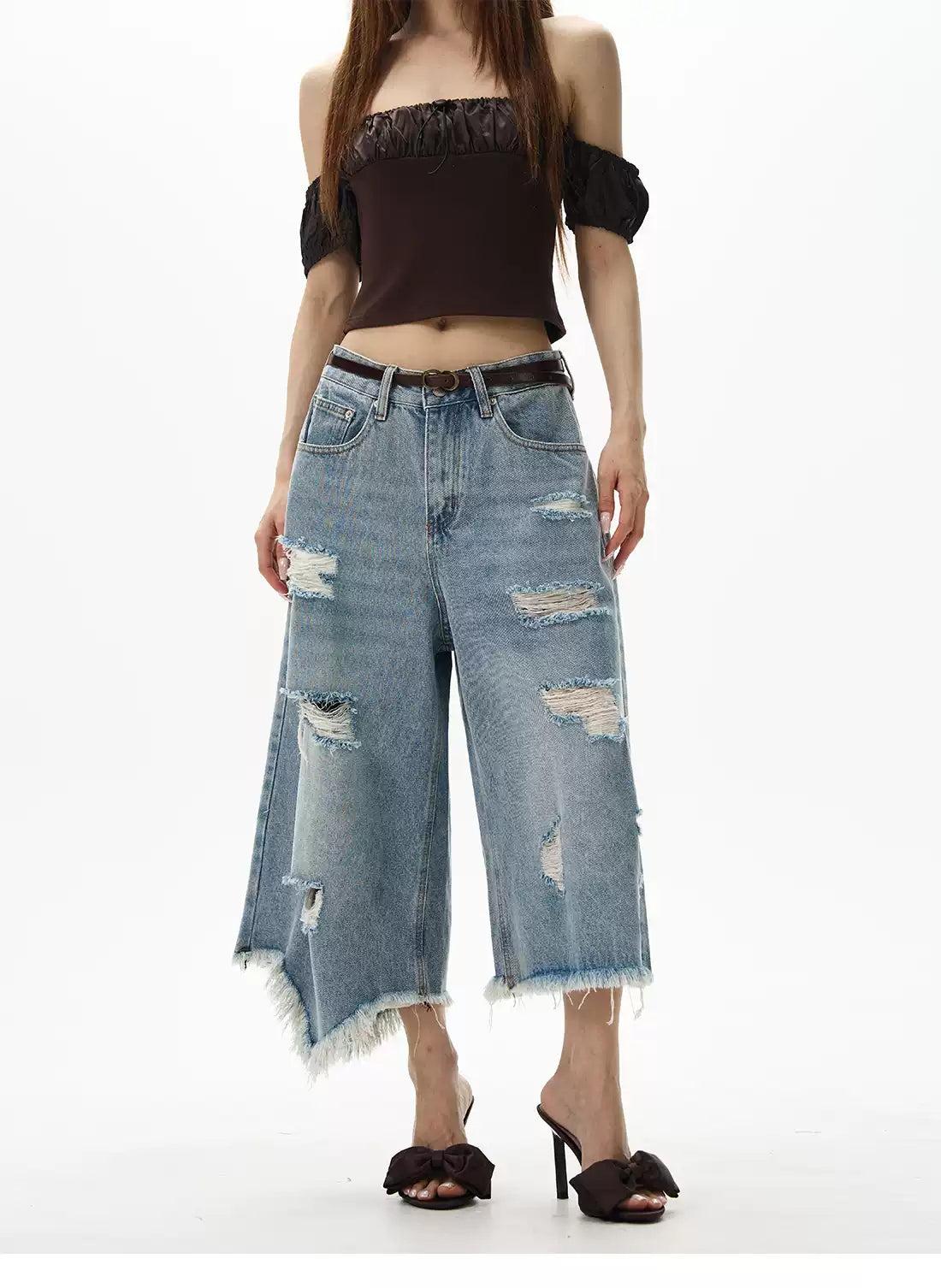 Distressed Irregular Cut Denim Shorts Korean Street Fashion Shorts By 77Flight Shop Online at OH Vault