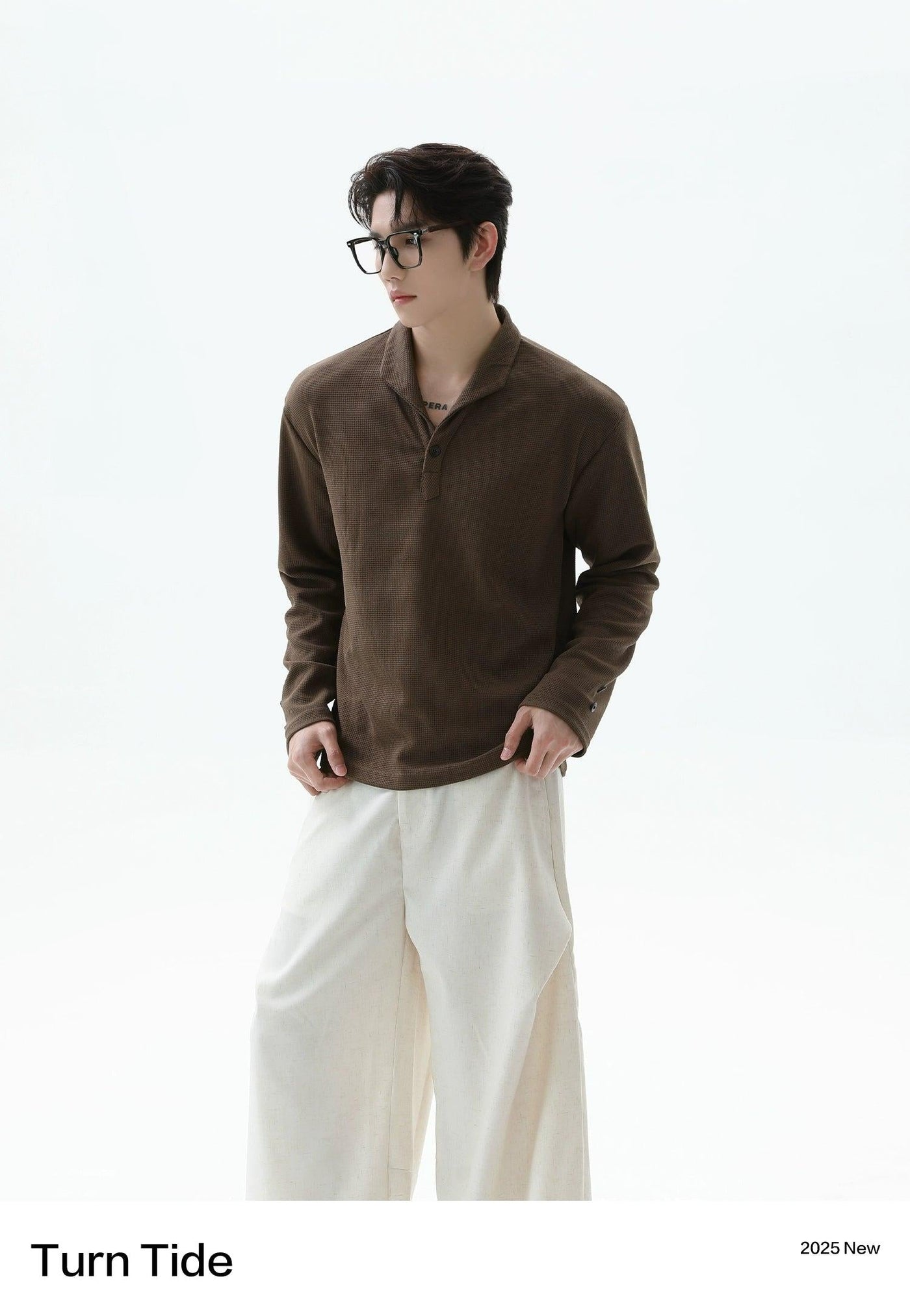 Waffle Textured Long Sleeve Polo Korean Street Fashion Polo By Turn Tide Shop Online at OH Vault