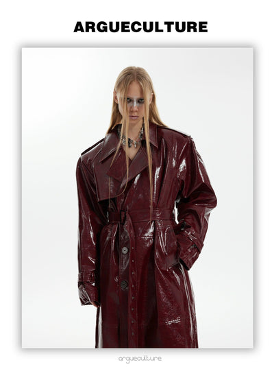 Shiny Faux Leather Trench Coat Korean Street Fashion Long Coat By Argue Culture Shop Online at OH Vault