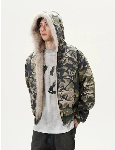 Camouflage Fur Line Zip-Up Jacket Korean Street Fashion Jacket By 77Flight Shop Online at OH Vault