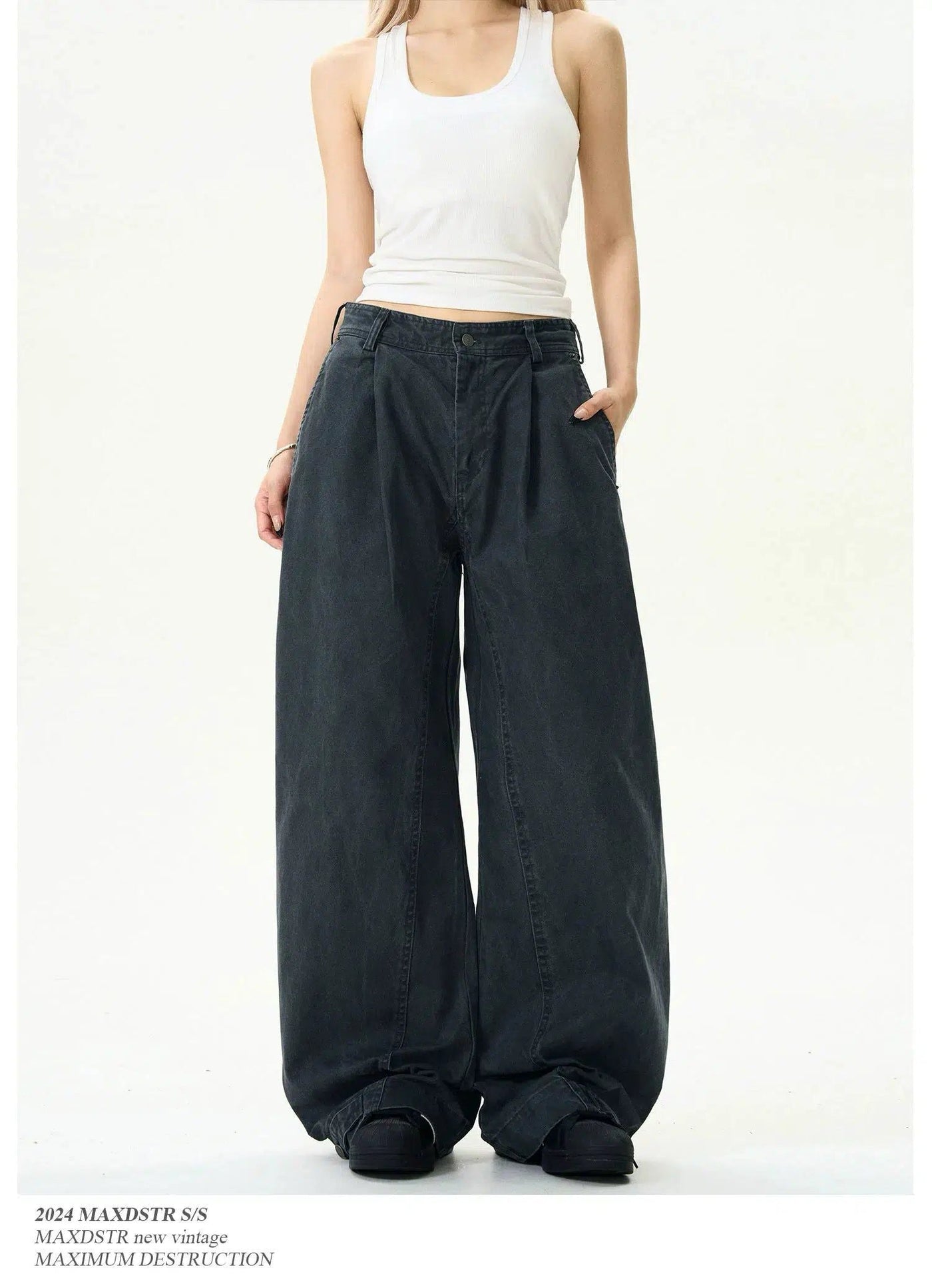 Distressed Pleats Wide Pants Korean Street Fashion Pants By MaxDstr Shop Online at OH Vault