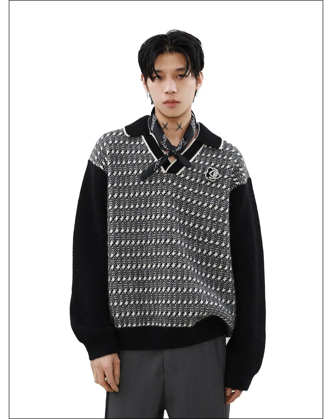 Contrast Pattern Patched Knit Polo Korean Street Fashion Polo By Mr Nearly Shop Online at OH Vault