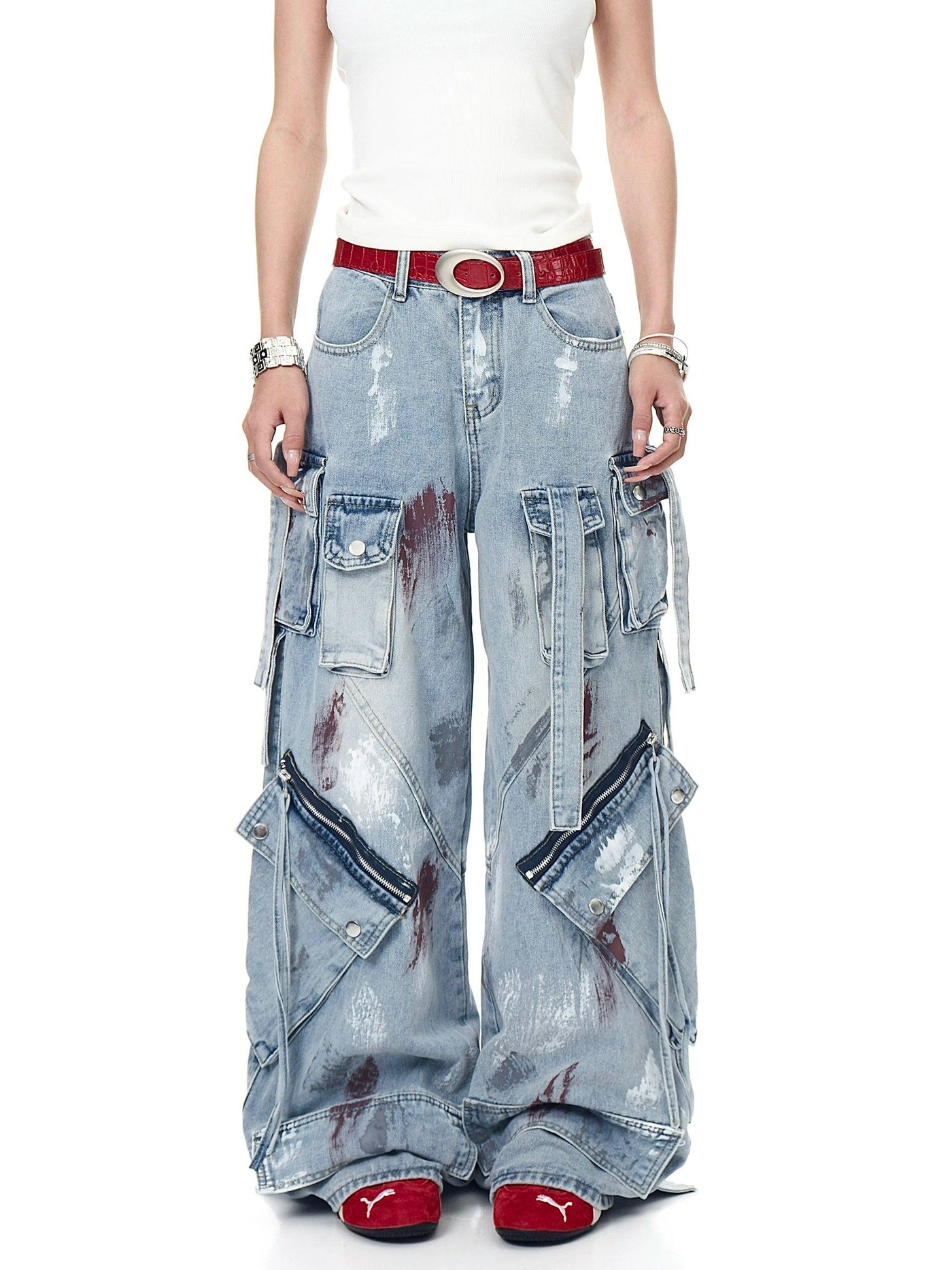 Paint Splatters Multi-Pocket Jeans Korean Street Fashion Jeans By Blacklists Shop Online at OH Vault
