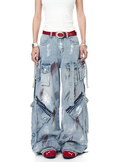 Paint Splatters Multi-Pocket Jeans Korean Street Fashion Jeans By Blacklists Shop Online at OH Vault