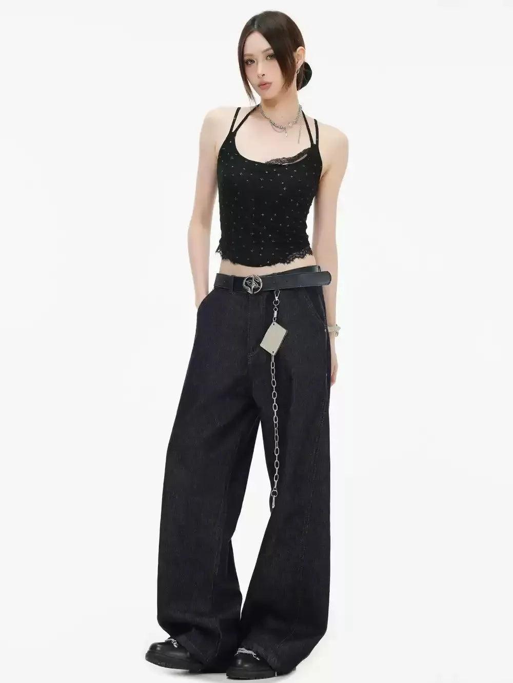 Chain Detail Straight Leg Jeans Korean Street Fashion Jeans By INS Korea Shop Online at OH Vault