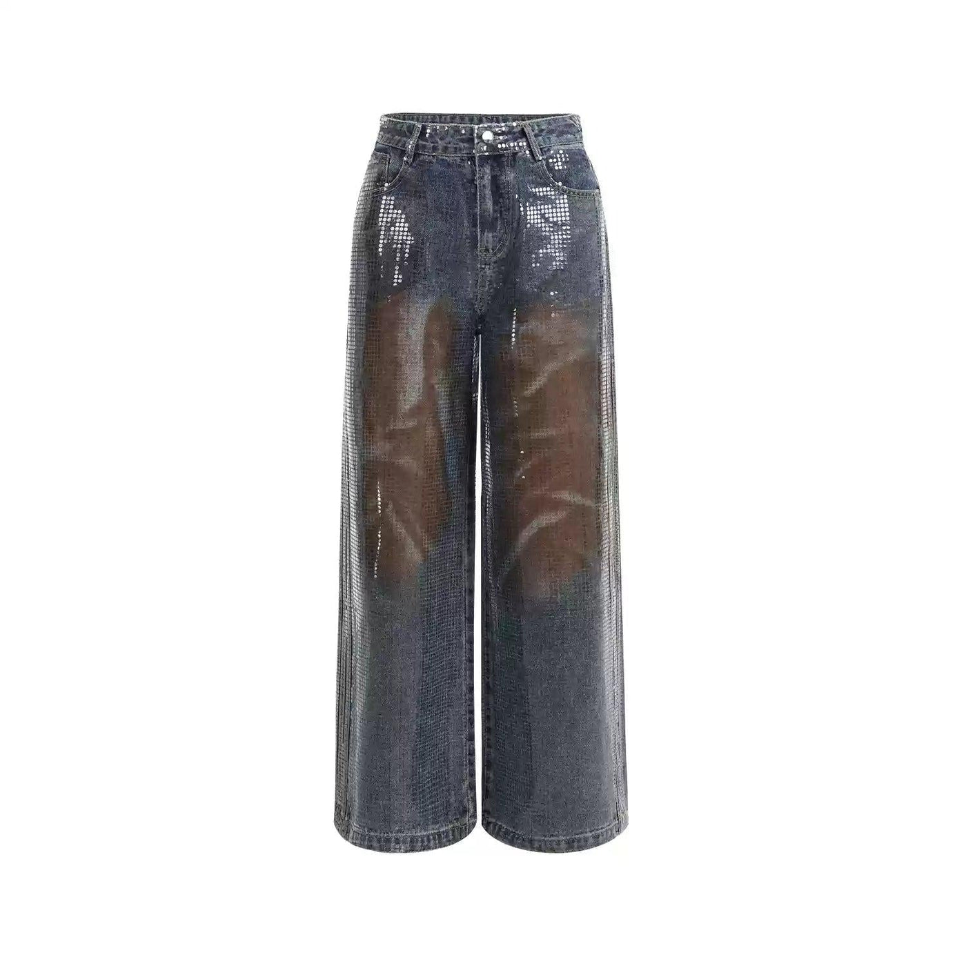 Rustic Fade Beaded Denim Shirt & Straight Jeans Set Korean Street Fashion Clothing Set By Slim Black Shop Online at OH Vault