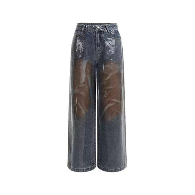 Rustic Fade Beaded Denim Shirt & Straight Jeans Set Korean Street Fashion Clothing Set By Slim Black Shop Online at OH Vault