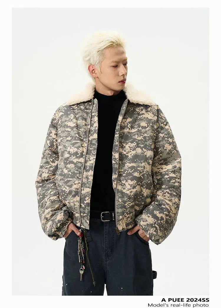 Fur Lapel Camouflage Puffer Jacket Korean Street Fashion Jacket By A PUEE Shop Online at OH Vault