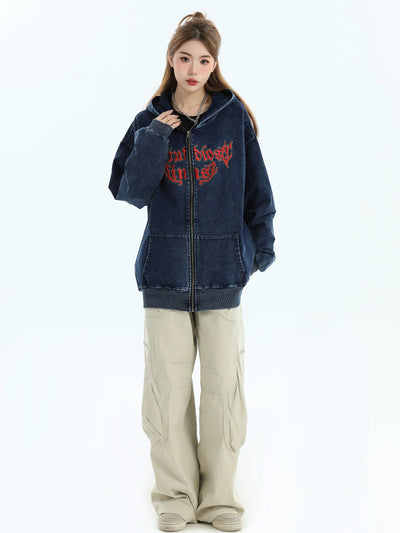 Grunged & Embroidered Hooded Denim Jacket Korean Street Fashion Jacket By INS Korea Shop Online at OH Vault