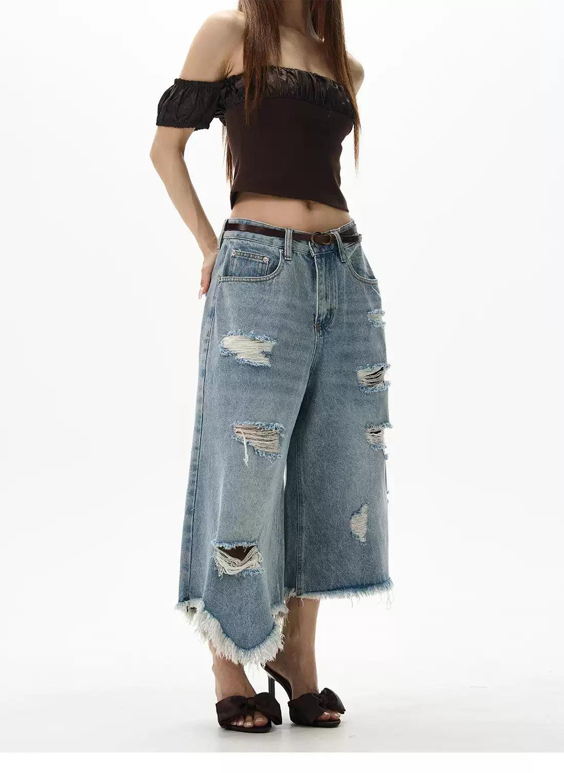 Distressed Irregular Cut Denim Shorts Korean Street Fashion Shorts By 77Flight Shop Online at OH Vault