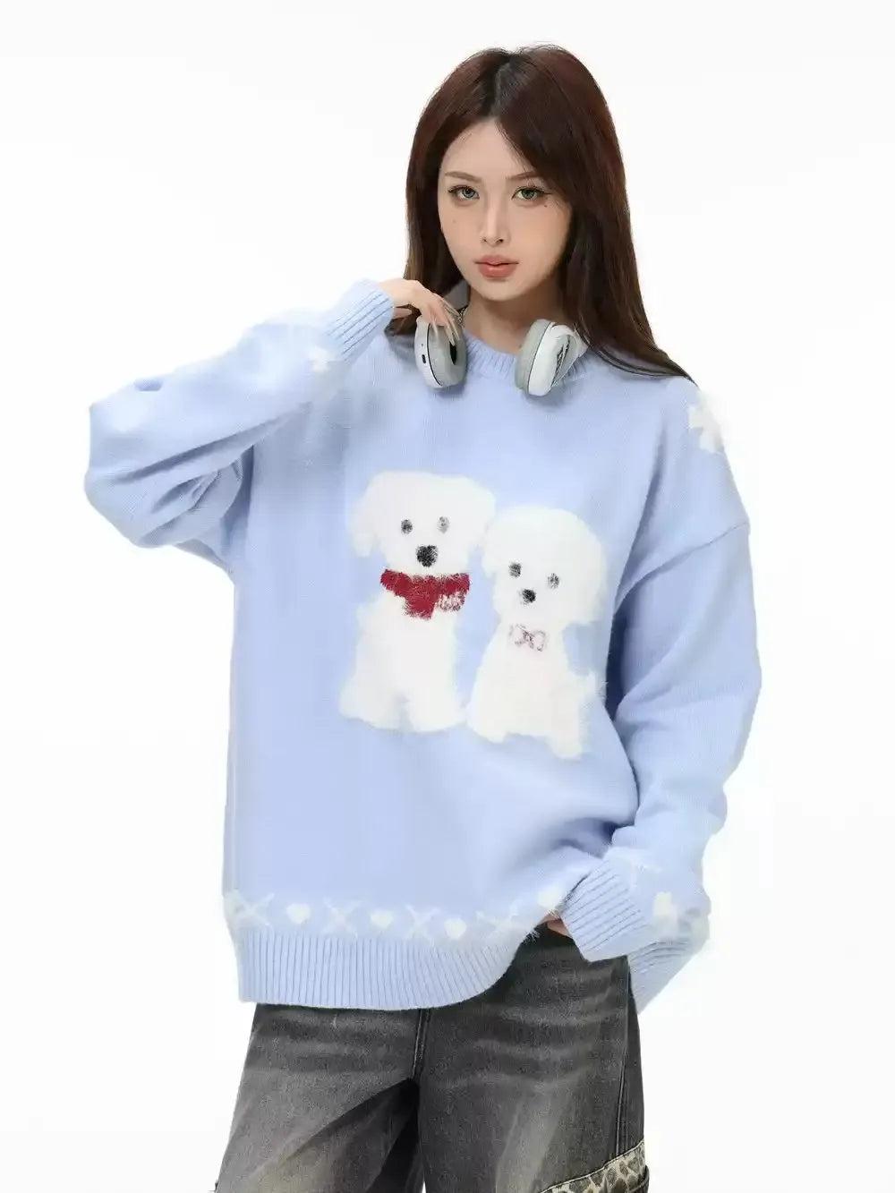 Dog Graphic Fuzzy Sweater Korean Street Fashion Sweater By INS Korea Shop Online at OH Vault