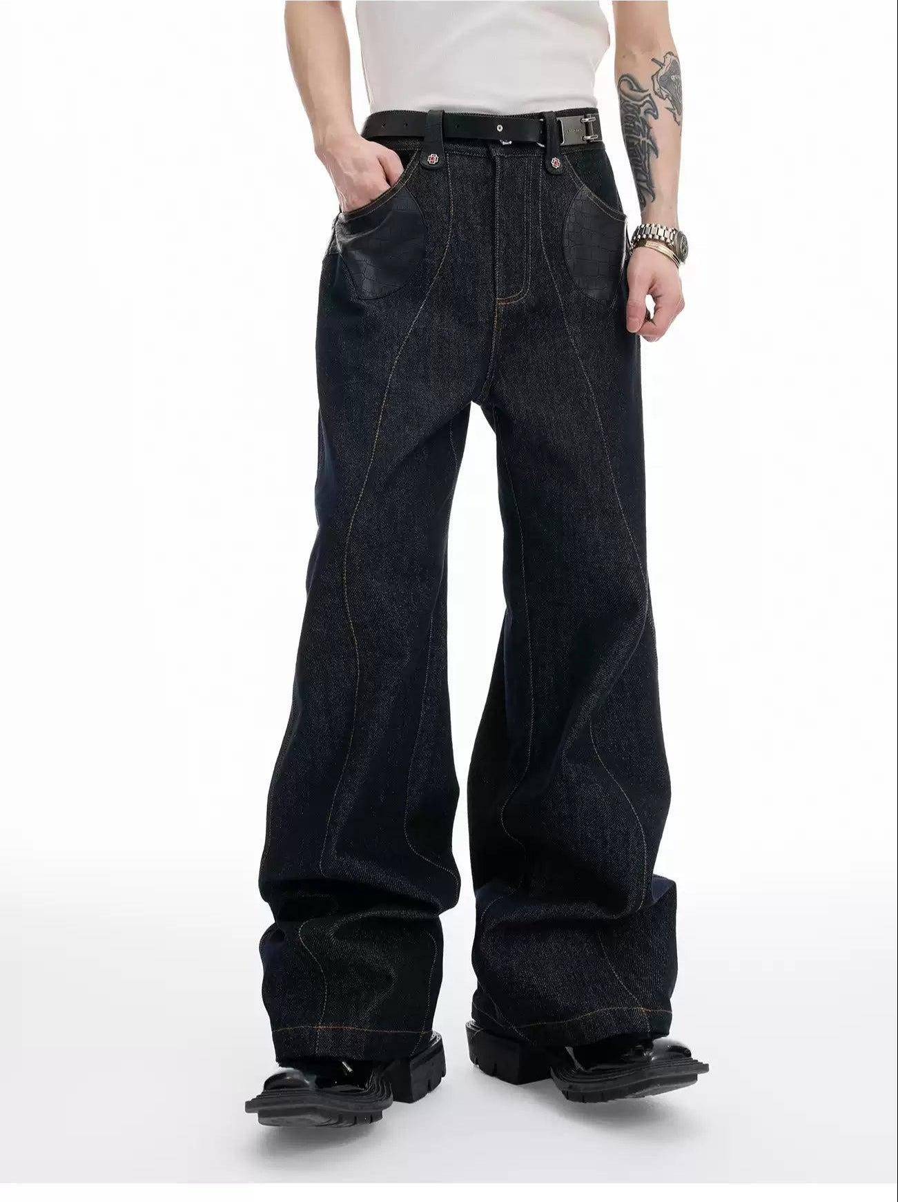 Spliced PU Leather Denim Jacket & Contrast Seamed Jeans Set Korean Street Fashion Clothing Set By Argue Culture Shop Online at OH Vault