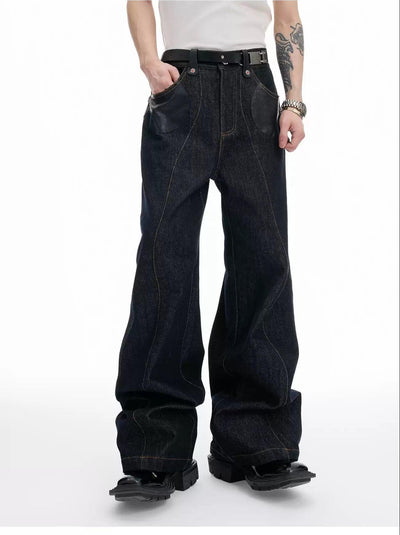 Spliced PU Leather Denim Jacket & Contrast Seamed Jeans Set Korean Street Fashion Clothing Set By Argue Culture Shop Online at OH Vault