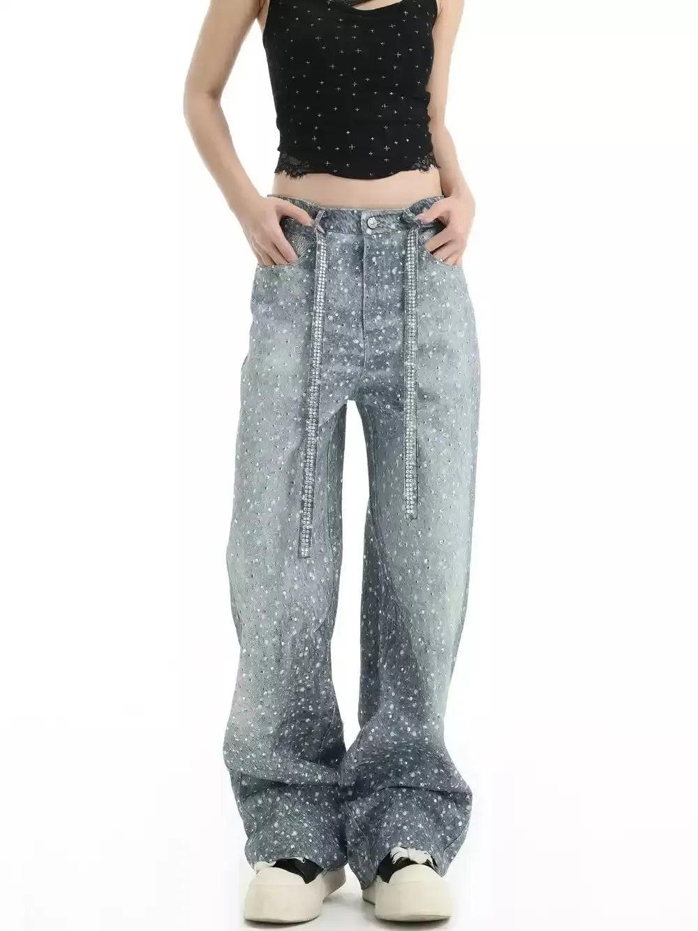 Starry Pattern Belt Strap Jeans Korean Street Fashion Jeans By INS Korea Shop Online at OH Vault