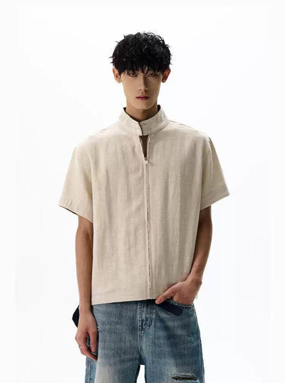 Stand Collar Boxy Zipped Shirt Korean Street Fashion Shirt By A PUEE Shop Online at OH Vault