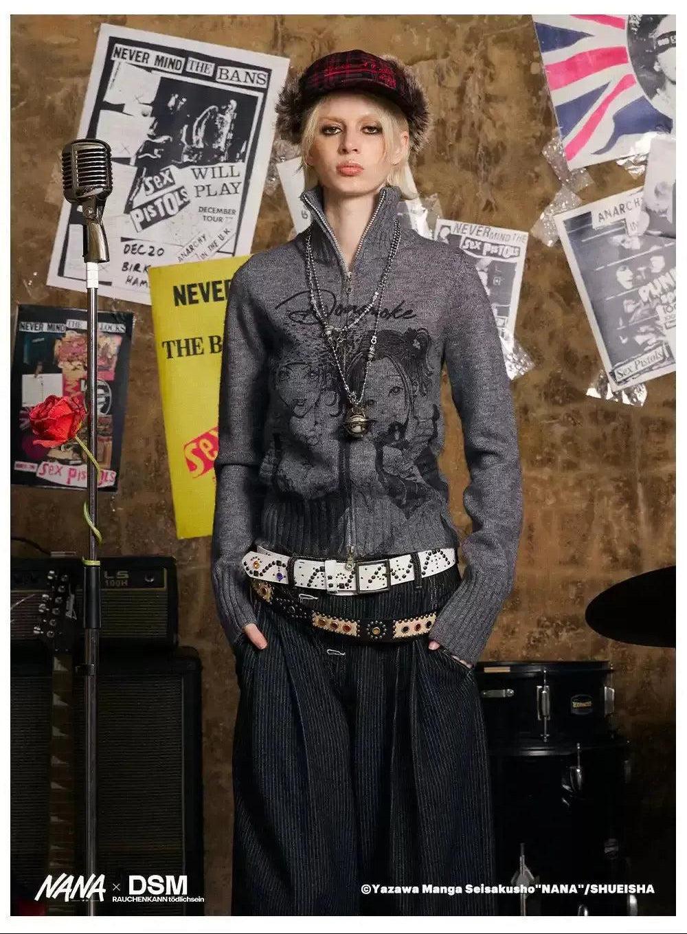 Stand Collar Graphic Print Zipped Sweater Korean Street Fashion Sweater By Donsmoke Shop Online at OH Vault