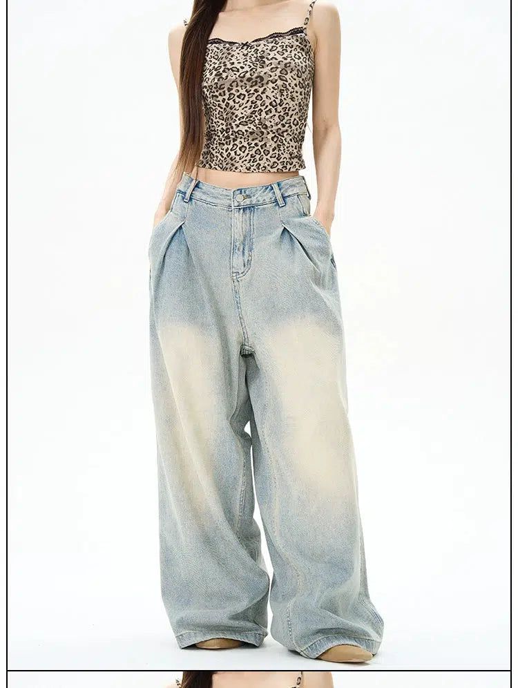 Washed Fold Pleats Wide Jeans Korean Street Fashion Jeans By 77Flight Shop Online at OH Vault