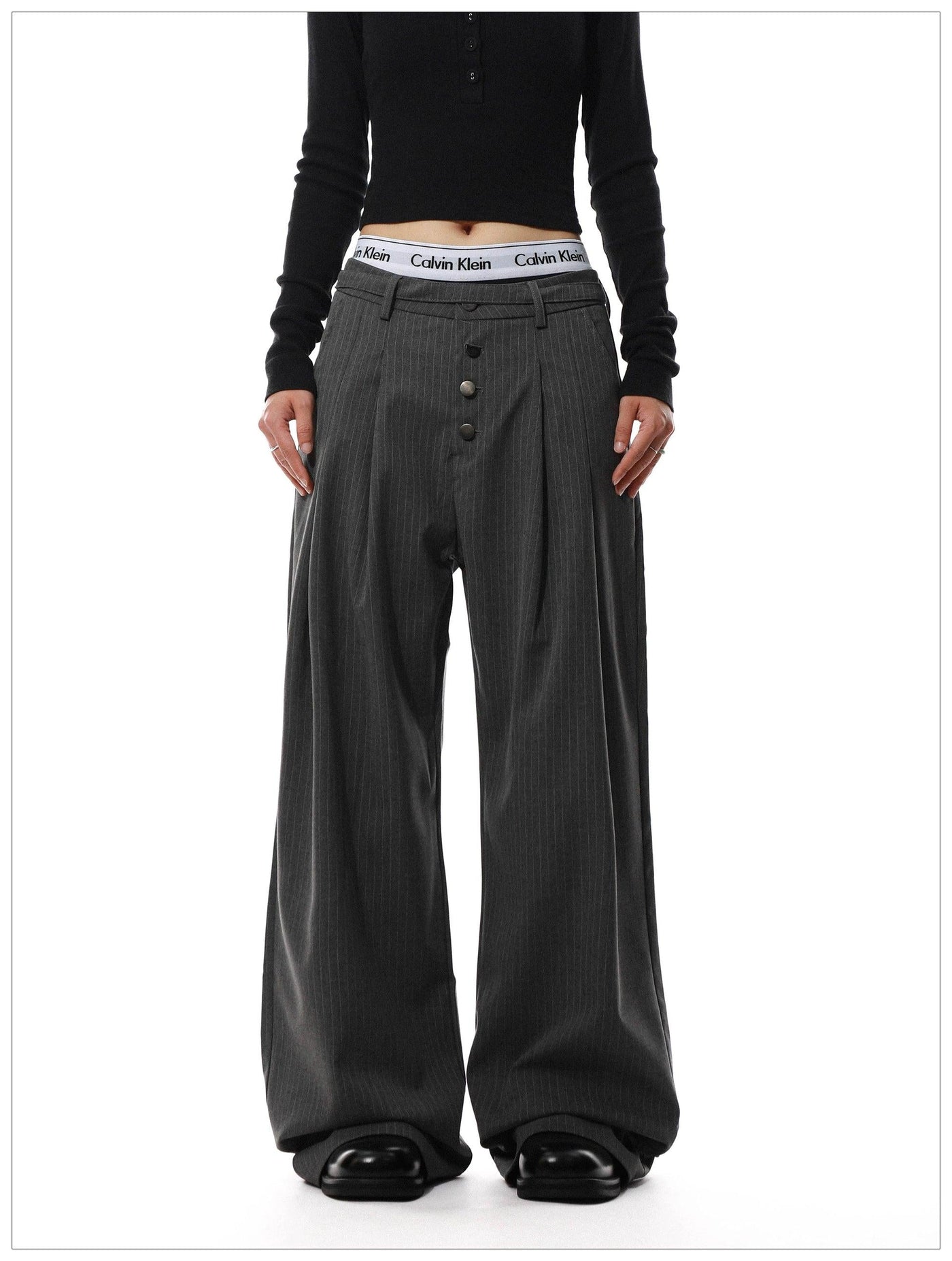 Vertical Stripes Button-Down Trousers Korean Street Fashion Trousers By Mr Nearly Shop Online at OH Vault